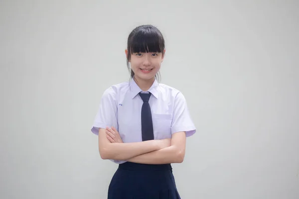 Thai Junior Középiskolai Diák Egyenruha Tini Gyönyörű Lány Boldog Pihenni — Stock Fotó
