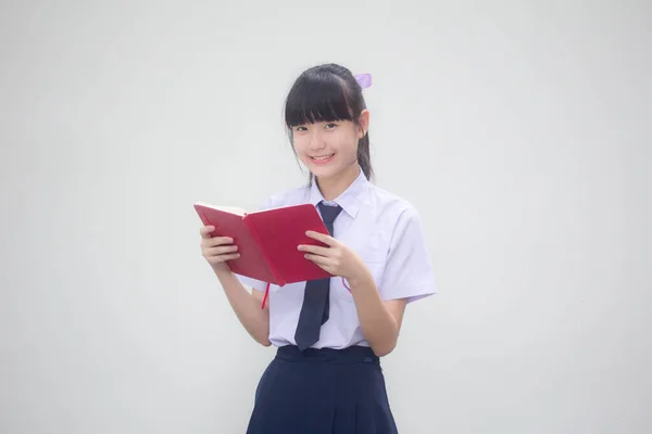 Asia Thai Junior Estudiante Secundaria Uniforme Hermosa Chica Leer Libro —  Fotos de Stock