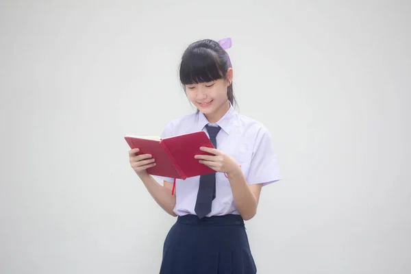 Asia Thai Junior Estudiante Secundaria Uniforme Hermosa Chica Leer Libro —  Fotos de Stock