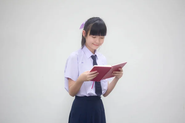 Ásia Tailandês Júnior Estudante Ensino Médio Uniforme Bela Menina Ler — Fotografia de Stock