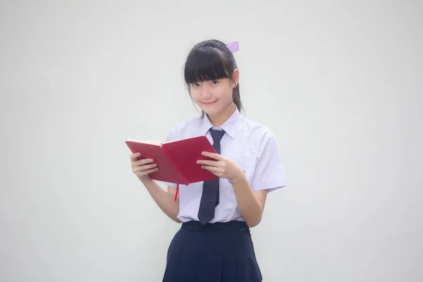 Azjatyckie Tajskie Gimnazjum Student Mundur Piękna Dziewczyna Czytać Książkę — Zdjęcie stockowe