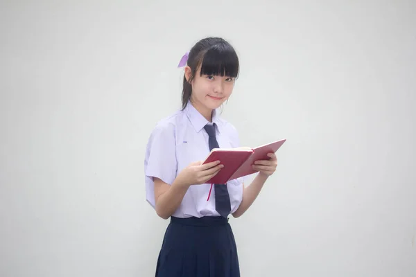 Ásia Tailandês Júnior Estudante Ensino Médio Uniforme Bela Menina Ler — Fotografia de Stock