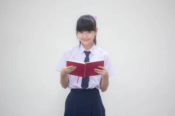 Asia Thai Smp Gadis Cantik Seragam Sekolah Membaca Buku — Stok Foto