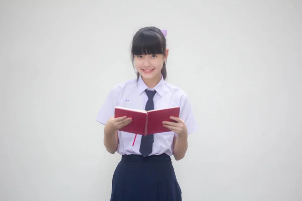 Asia Thai Smp Gadis Cantik Seragam Sekolah Membaca Buku — Stok Foto