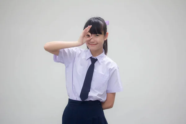 Retrato Tailandês Júnior Estudante Ensino Médio Uniforme Bela Menina — Fotografia de Stock