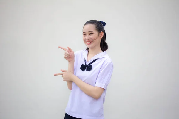 Asia Thai Junior Gymnasiet Student Uniform Vacker Flicka Pekar — Stockfoto