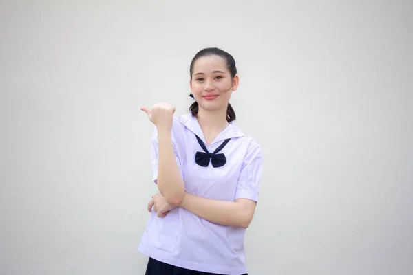 Asia Thai Junior Estudiante Secundaria Uniforme Hermosa Chica Señalando — Foto de Stock