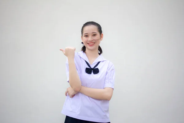 Ázsiai Thai Általános Iskolás Diák Egyenruha Gyönyörű Lány Mutogatás — Stock Fotó