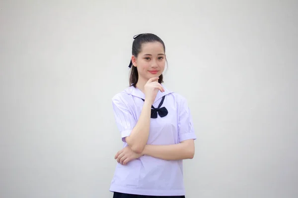 Ásia Tailandês Júnior Estudante Ensino Médio Uniforme Bela Menina Sorriso — Fotografia de Stock