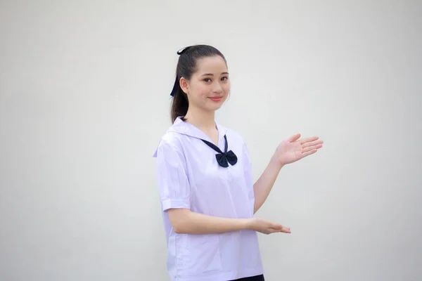 Asiatisch Thai Junior Hochschule Student Uniform Hübsch Mädchen Zeigen Hand — Stockfoto