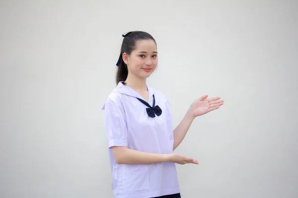 Ásia Tailandês Júnior Estudante Ensino Médio Uniforme Bela Menina Mostrar — Fotografia de Stock