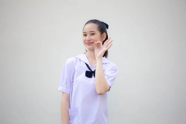 Asya Thai Ortaokulu Öğrencisi Üniforması Güzel Kız Tamam — Stok fotoğraf
