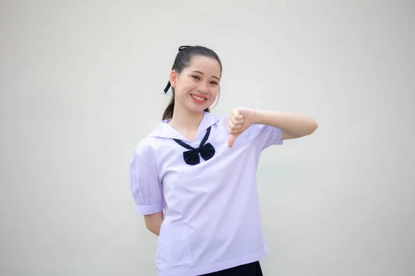 Asya Thai Ortaokul Üniforması Güzel Kız Hoşlanmaz — Stok fotoğraf
