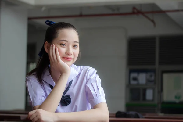 Asia Thai Junior Gymnasiet Student Uniform Vacker Flicka Leende Och — Stockfoto