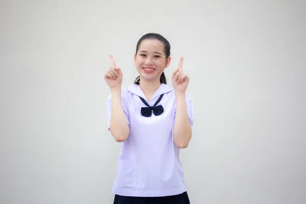 Asia Thai Junior Estudiante Secundaria Uniforme Hermosa Chica Señalando — Foto de Stock