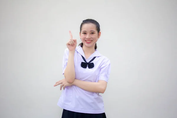 Ασία Thai Γυμνάσιο Στολή Μαθητή Όμορφο Κορίτσι Που Δείχνει — Φωτογραφία Αρχείου