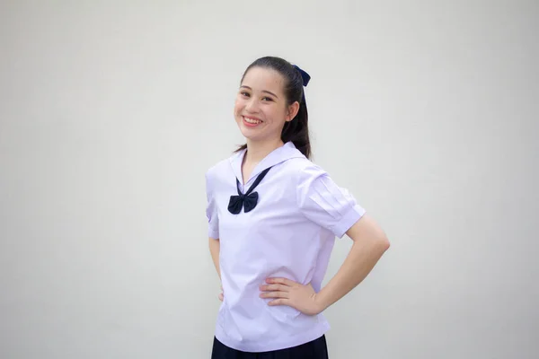 Asia Thai Junior Estudiante Secundaria Uniforme Hermosa Chica Sonrisa Relajarse — Foto de Stock