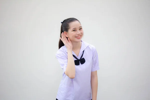 Ásia Tailandês Júnior Estudante Ensino Médio Uniforme Bela Menina Ouvir — Fotografia de Stock