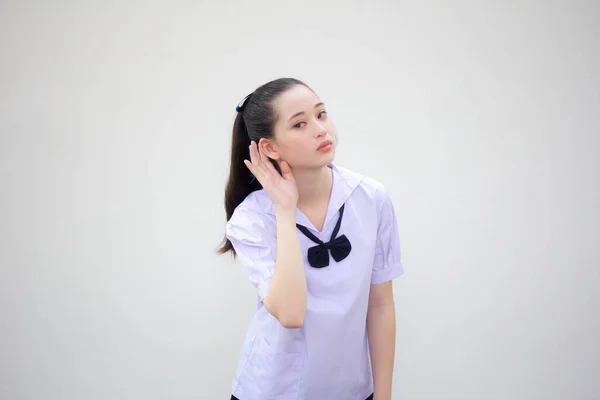 Asia Thai Junior High School Student Uniform Beautiful Girl Listen — Stock Photo, Image