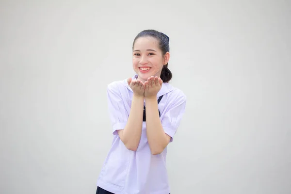 Ασία Thai Γυμνάσιο Στολή Μαθητή Όμορφο Κορίτσι Στείλτε Ένα Φιλί — Φωτογραφία Αρχείου