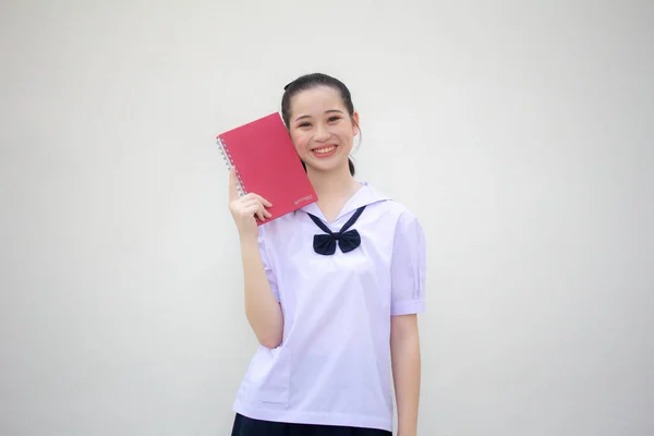 Azjatyckie Tajskie Gimnazjum Uczennica Mundurki Piękne Dziewczyna Pokaż Książkę — Zdjęcie stockowe