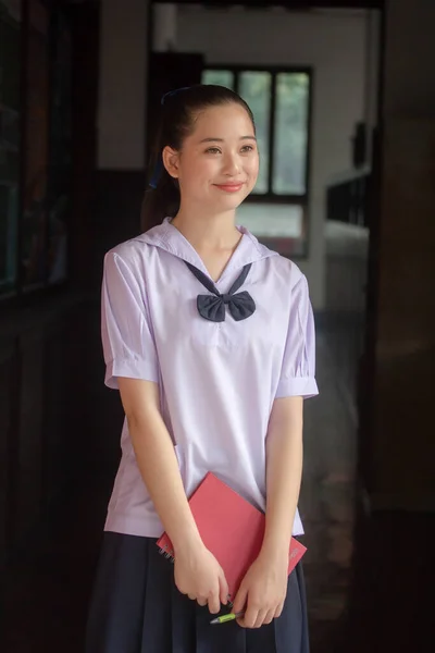 Asia Thai Junior Lycéen Uniforme Belle Fille Sourire Détendre — Photo