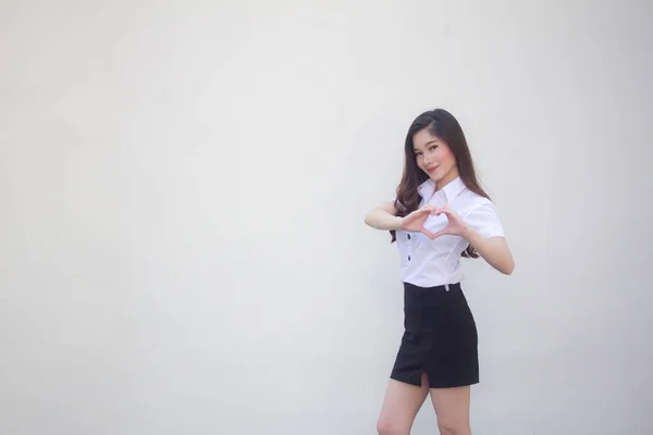 Thai Adult Student University Uniform Beautiful Girl Give Heart — Stock Photo, Image