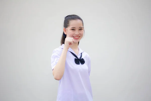 Ásia Tailandês Júnior Estudante Ensino Médio Uniforme Bela Menina Apontando — Fotografia de Stock