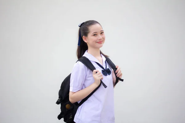 Asia Thai Junior Estudiante Secundaria Uniforme Hermosa Chica Sonrisa Relajarse — Foto de Stock