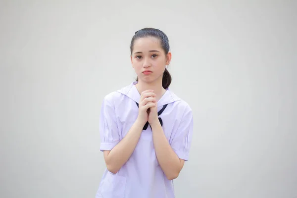 Ásia Tailandês Júnior Estudante Ensino Médio Uniforme Bela Menina Rezar — Fotografia de Stock