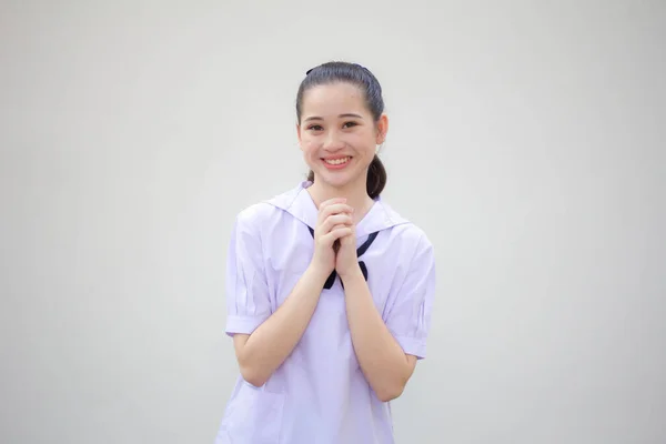 Asiatisch Thai Junior Hochschule Student Uniform Hübsch Mädchen Beten — Stockfoto