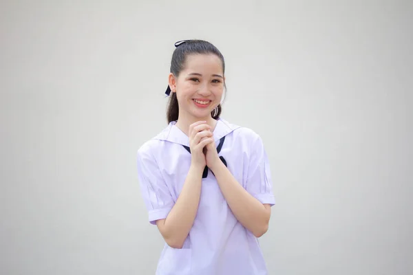 Ásia Tailandês Júnior Estudante Ensino Médio Uniforme Bela Menina Rezar — Fotografia de Stock