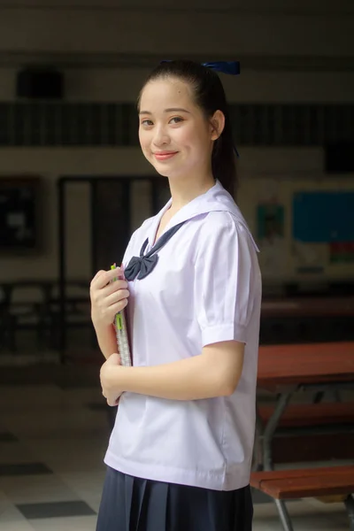 Ásia Tailandês Júnior Estudante Ensino Médio Uniforme Bela Menina Sorriso — Fotografia de Stock