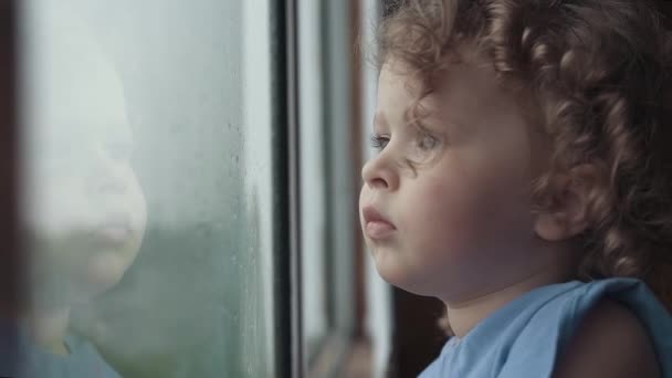 Üzgün Sarışın Kıvırcık Kız Yağmurlu Bir Günde Pencereden Dışarı Bakar — Stok video