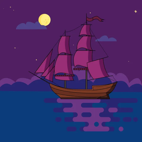 Statek Żaglami Pływający Nocą Świetle Pełni Księżyca Pod Rozgwieżdżonym Niebem — Wektor stockowy