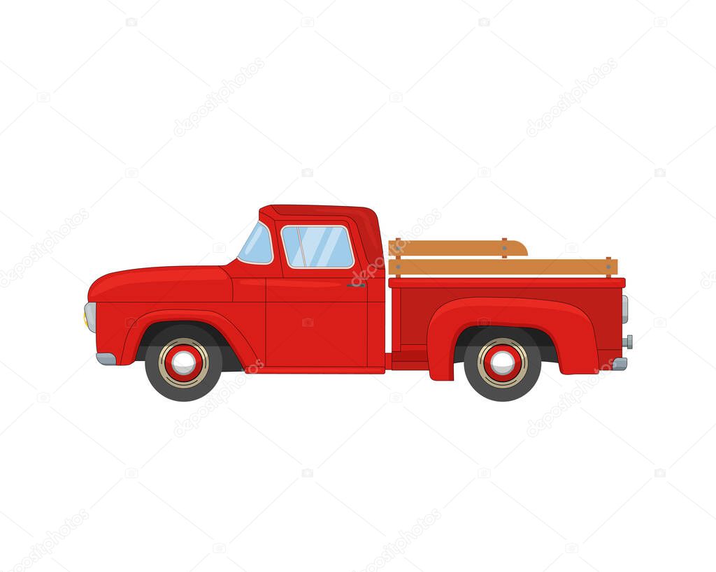 Cartoon old farmer red retro pickup truck isolated on white background. Vintage transport car. Flat vector illustration