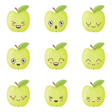 Kusursuz elma deseni. Kawaii tarzında ayarlanmış. Paket, tasarım, kumaş dokusu, arka plan. Vektör düz resimleme