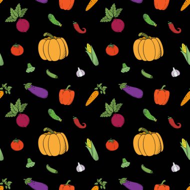 Geçmişe dönük sebzeli kusursuz desen. Balkabağı, sarımsak, domates, patlıcan, salatalık, mısır, bezelye, pancar, havuç, brokoli, dolma biber ve kırmızı biber.