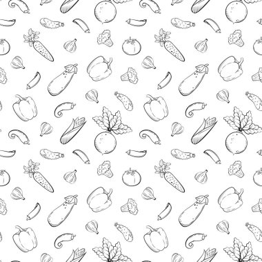 Eskiz sebzelerle retro tarzında kusursuz desenler. Domates, sarımsak, patlıcan, salatalık, mısır, bezelye, pancar, havuç, brokoli, dolmalık ve kırmızı biber. Vektör illüstrasyonu