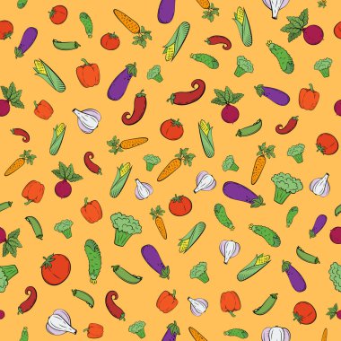 Geçmişe dönük sebzeli kusursuz desen. Domates, sarımsak, patlıcan, salatalık, mısır, bezelye, pancar, havuç, brokoli, dolma biber ve kırmızı biber.