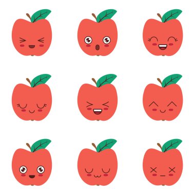 Kusursuz elma deseni. Kawaii tarzında ayarlanmış. Paket, tasarım, kumaş dokusu, arka plan. Vektör düz resimleme