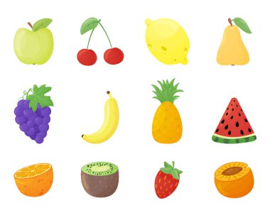 Renkli meyveler. Çizgi film tarzında şirin koleksiyon