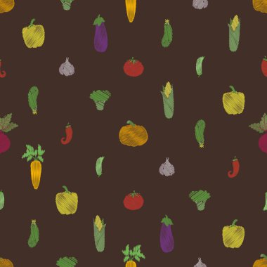 Sebzelerle kusursuz desen. Balkabağı, sarımsak, domates, patlıcan, salatalık, mısır, bezelye, pancar, havuç, brokoli, dolma biber ve kırmızı biber.