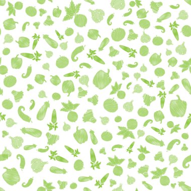 Sebzelerle kusursuz desen. Balkabağı, sarımsak, domates, patlıcan, salatalık, mısır, bezelye, pancar, havuç, brokoli, dolma biber ve kırmızı biber. Vektör illüstrasyonu