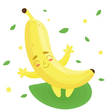 Neşeli sarı muz. Kawaii çizgi film tarzında sevimli bir karakter. Düz vektör illüstrasyonu