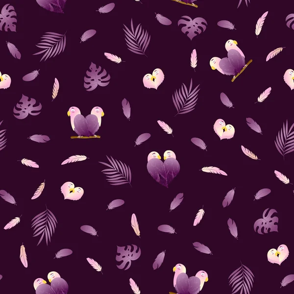 Бесшовный Красивый Узор Влюбленными Попугаями Перьями Монстрами Фиолетовом Фоне Голубки — стоковый вектор