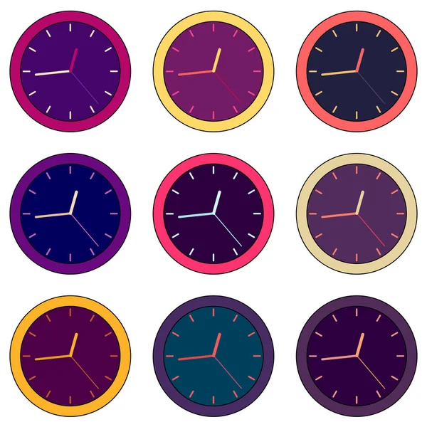 Набір Яскравих Багатобарвних Фіолетових Простих Настінних Годинників Безшовний Візерунок Плоскому — стоковий вектор