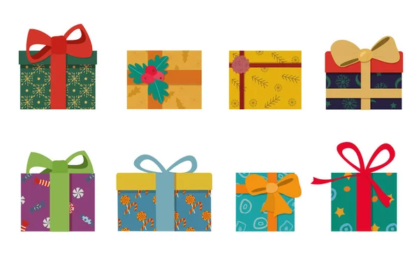 Conjunto Coloridas Cajas Regalo Con Lazos Cintas — Vector de stock