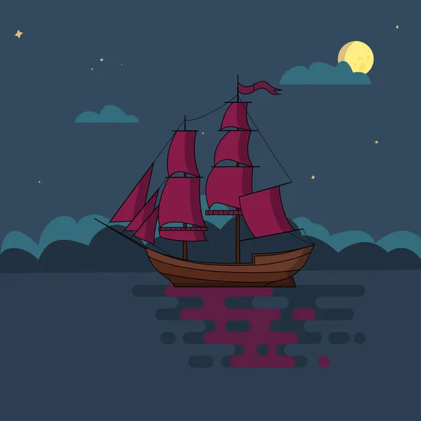 Statek Żaglami Pływający Nocą Morzu Świetle Pełni Księżyca Pod Rozgwieżdżonym — Wektor stockowy