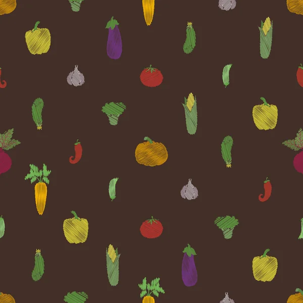 Безшовний Візерунок Овочами Гарбуз Часник Помідор Баклажани Огірок Кукурудза Горох — стоковий вектор